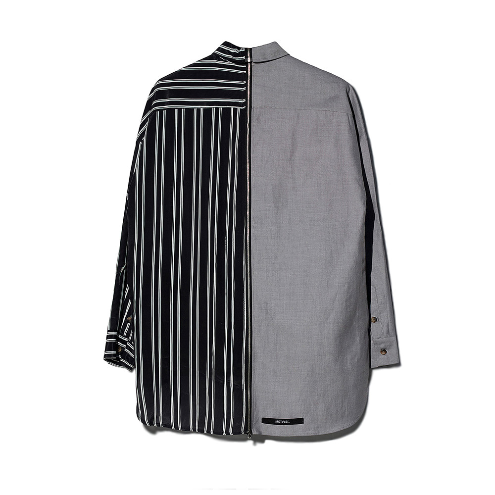 [MOTIFEST] Garments Detachable Half Zip Shirts ( Light Gray / Black Stripe )