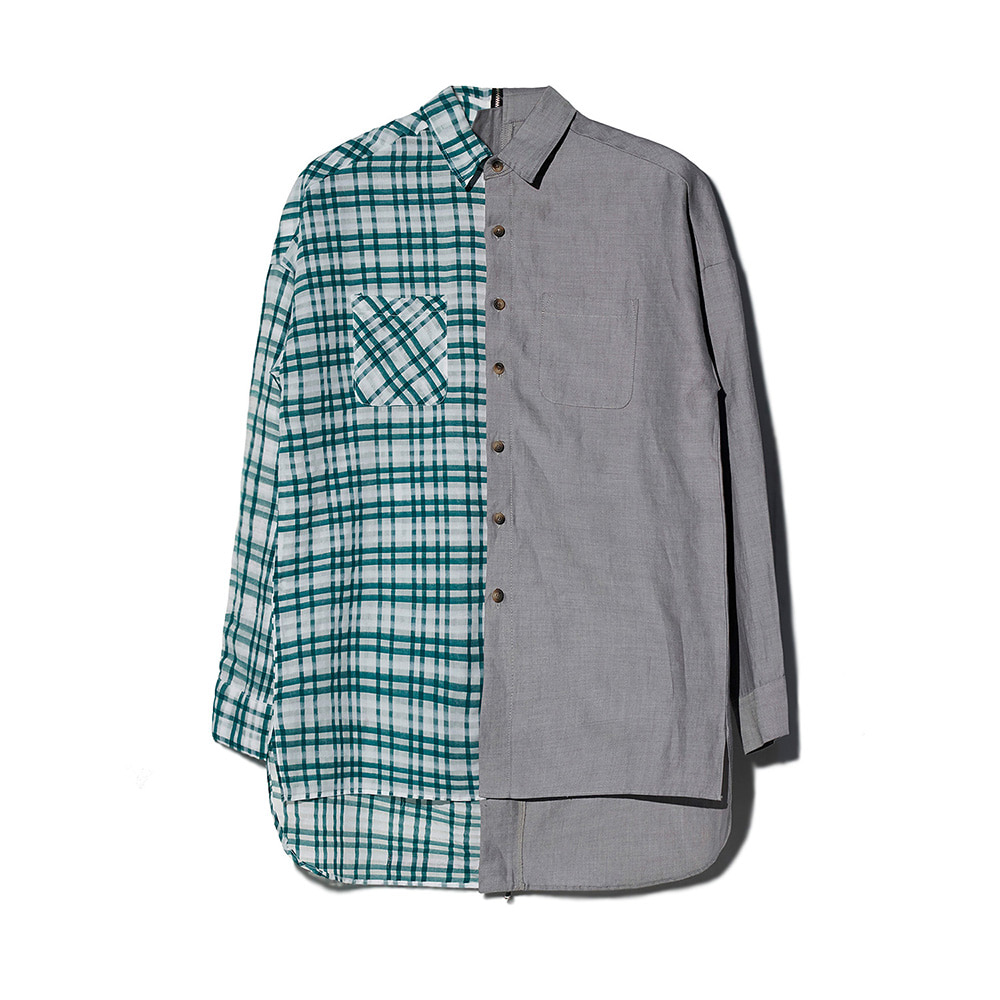[MOTIFEST] Garments Detachable Half Zip Shirts ( Green Tattersall Check / Light Gray )